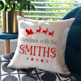 Personalised Christmas Cushion in White or Cream with Red Reindeer Print