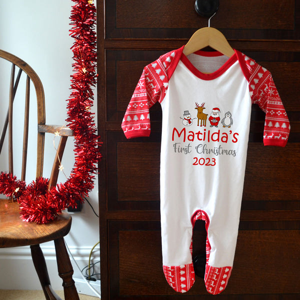 Personalised Christmas Babygrow First Christmas Santa Snowman