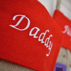 Personalised Red Top Hessian Embroidered Luxury Christmas Stockings with Penguin Reindeer Snowman or Santa