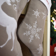Luxury Personalised Embroidered White and Silver Christmas Stockings with Snowflakes or Reindeer