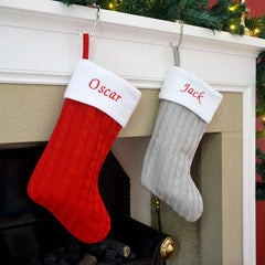 Luxury Personalised Embroidered Knitted Christmas Stockings in Red or Silver