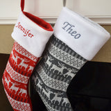 Luxury Personalised Embroidered Knitted Reindeer Christmas Stockings in Red or Silver