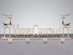 4 Way Weighted Solid Cast Metal Stocking Mantel Holder - Merry Christmas Reindeers