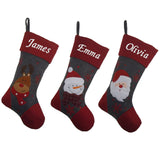 personalised grey xmas stockings with reindeer, snowman, and santa designs