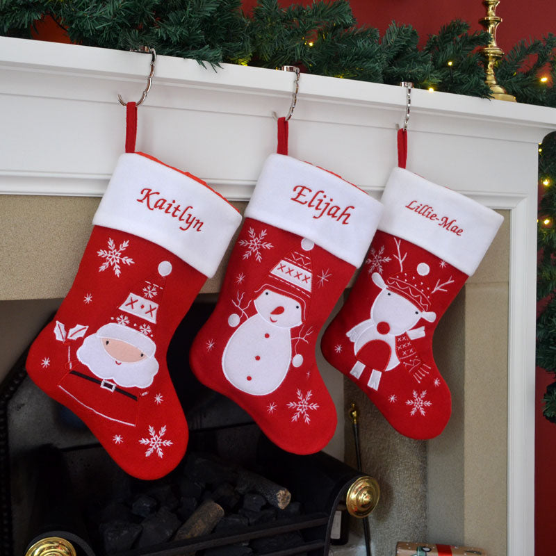 Classic Personalised Embroidered Luxury Christmas Stocking with Santa Reindeer or Snowman