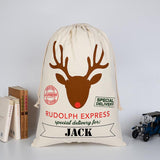 A personalised cotton Christmas sack with Rudolph the red nose reindeer printed on the front along with lettering and a personalised name.