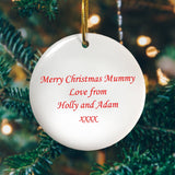 The other side of the personalised photo decoration showing a message saying "Merry Christmas Mummy love from Holly and Adam xxxx"