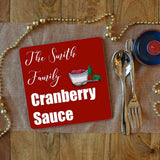 a personalised Christmas placemat for cranberry sauce. The placemat has text reading "The Smith family cranberry sauce"