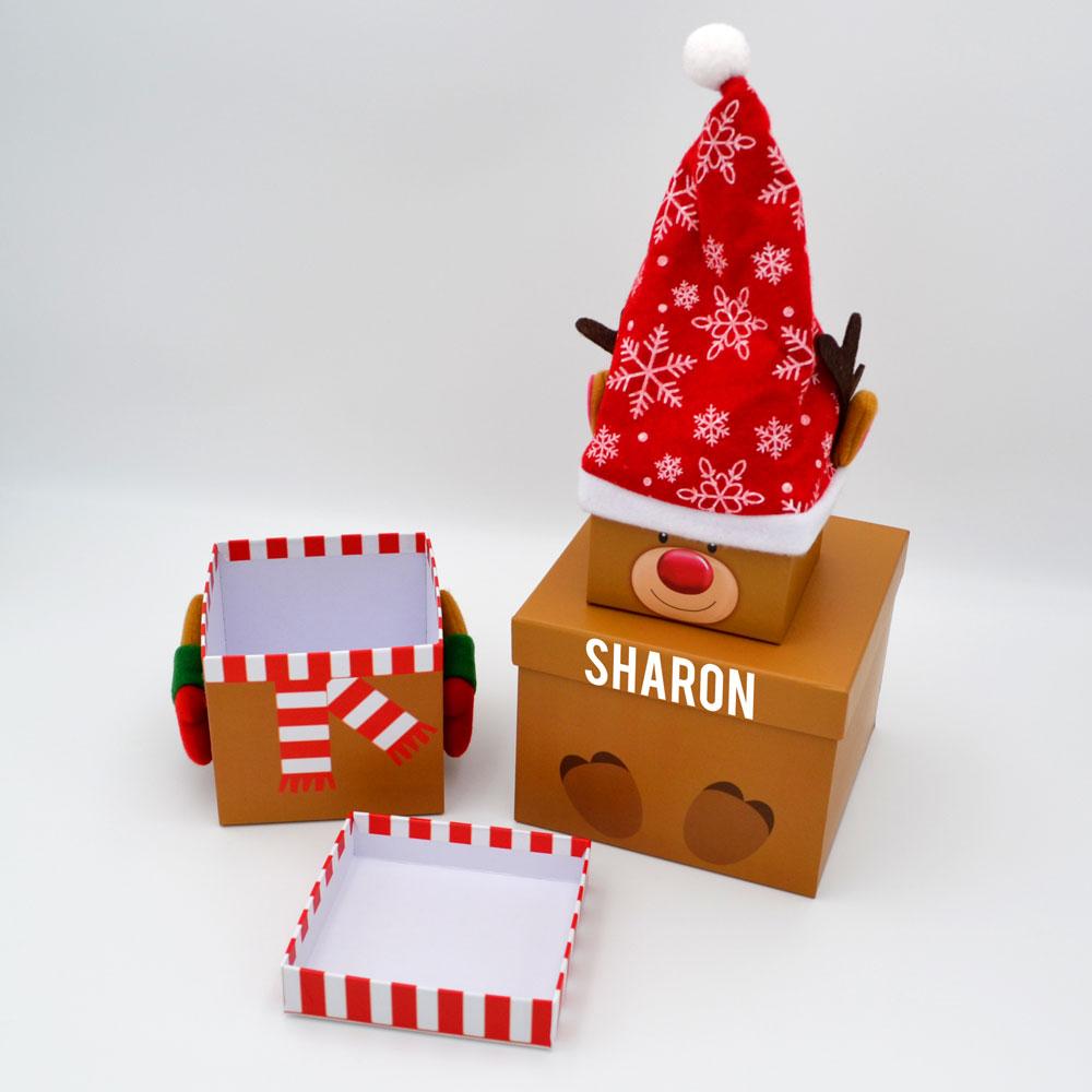 The inside of a reindeer personalised Christmas gift box.