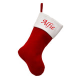 A personalised classic red and white Christmas stocking. The name "Alfie" is embroidered in red on the white Christmas stocking top. 