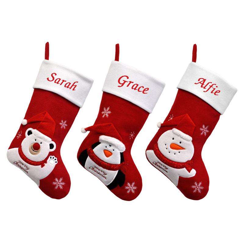 Personalised Embroidered 3D Character Luxury Christmas Stocking with Polar Bear, Penguin or Snowman
