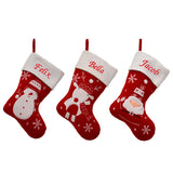 3 personalised red and white christmas stockings, one with Santa on the front, one with a snowman and one with reindeer. 