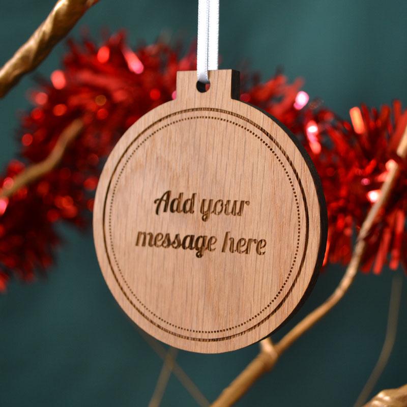 Luxury Personalised Christmas Bauble Solid Oak Any Message