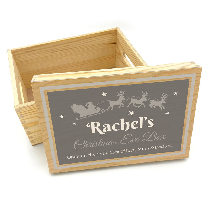 Personalised Silver Santa Sleigh Christmas Eve Box Wooden Colour Print