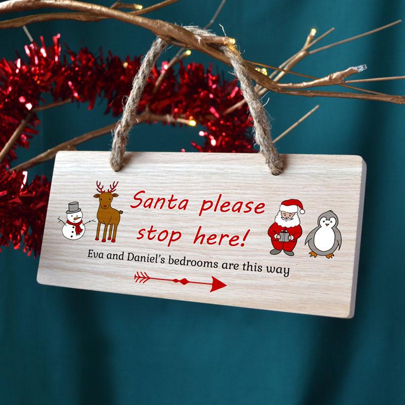 Santa Exit Sign Solid Oak Santa Stop Here Sign | Personalised Christmas