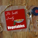 a personalised Christmas placemat with vegetables on and the words "the Smith family vegetables" 