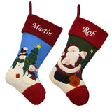 2 personalised Christmas stockings, one featuring Father Christmas on a green background and one featuring 2 snowmen on a blue background. Both stockings have names embroidered in white at the top.
